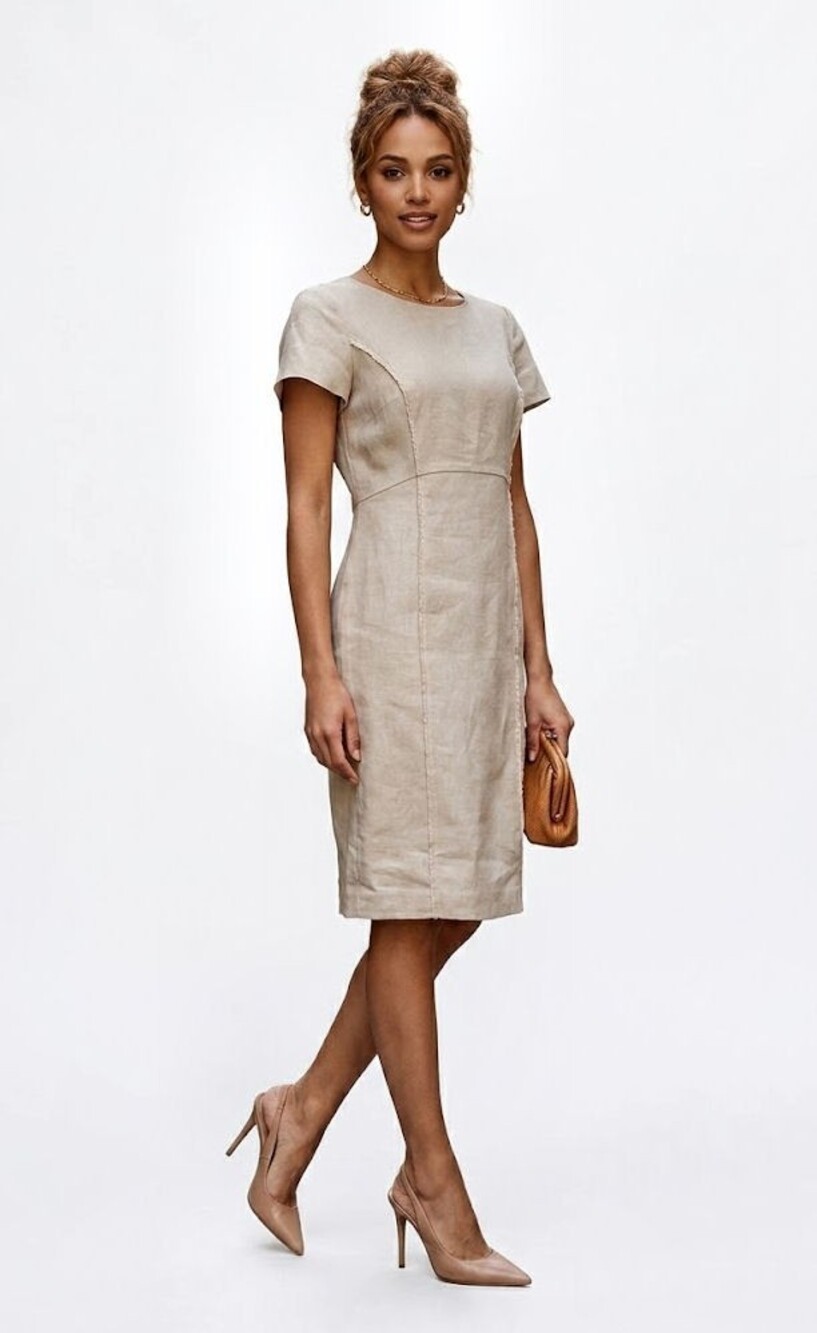 Lafayette 148 New York 100% Linen Short Sleeve Sheath Dress Beige Womens Size 4